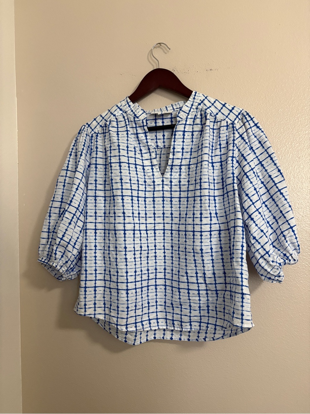 Women’s Linen Luxury Blue Grid Puff-Sleeve Top Linen Cotton Blend Costal Beach